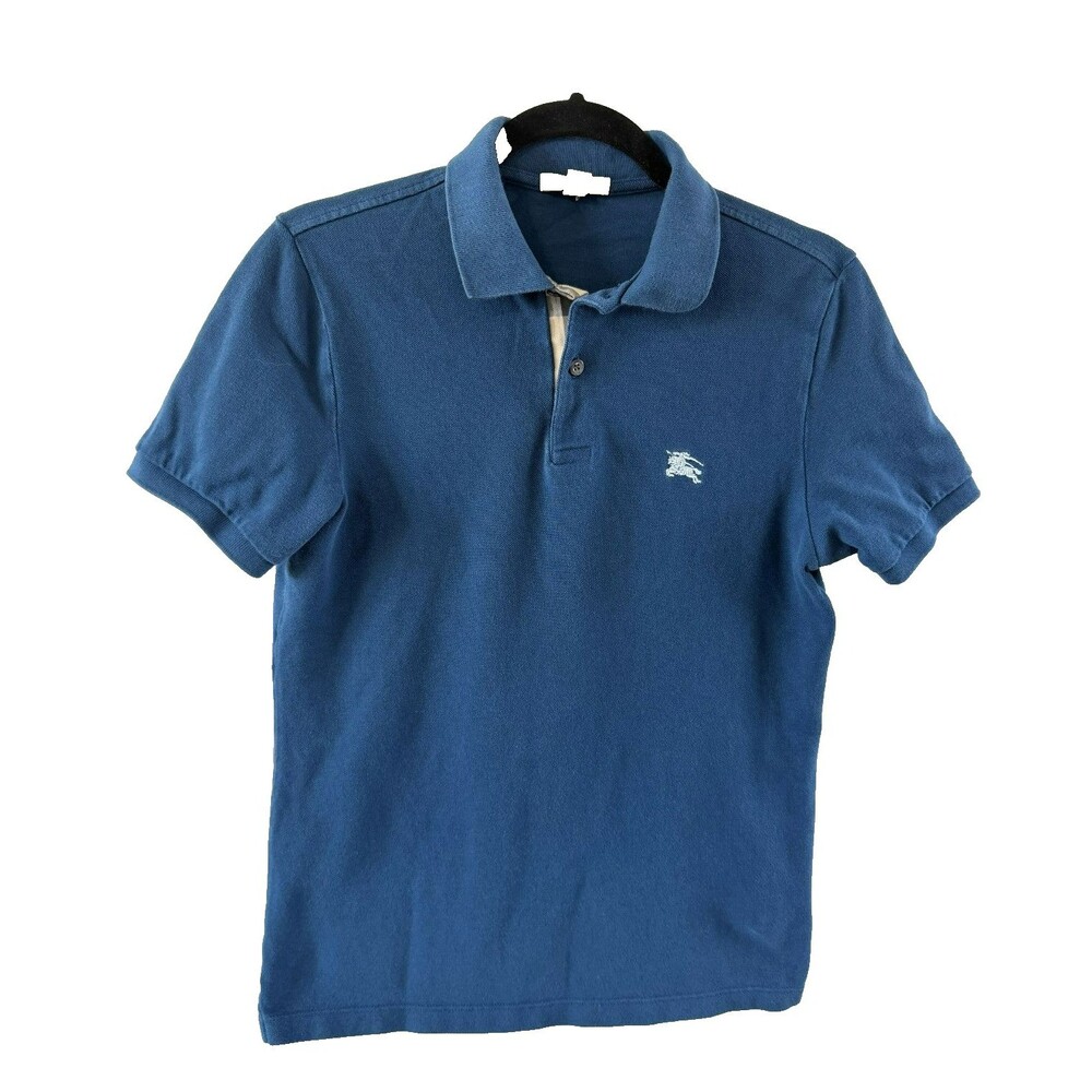 Burberry Brit Blue Polo Shirt M Embroidered Logo Iconic Plaid/Check Placket